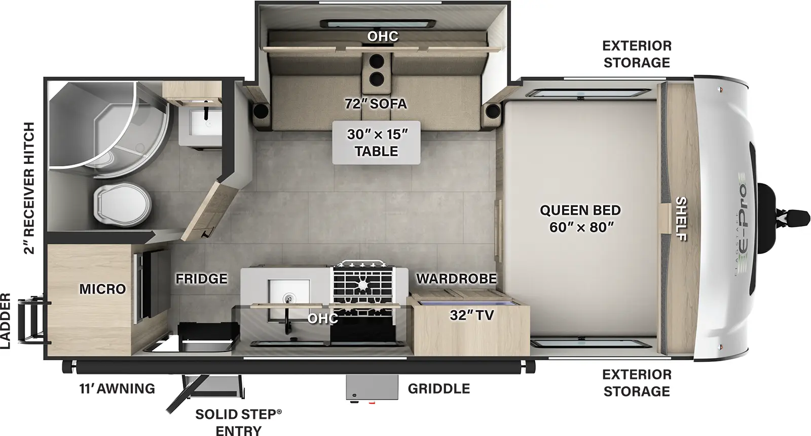 The Flagstaff E-Pro E19FBS has one entry and one slide out. Exterior features include: fiberglass exterior and 11' awning. Interiors features include: front bedroom.